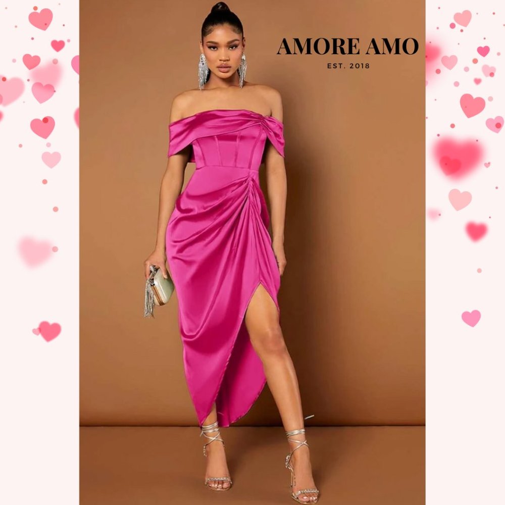 ❤️ Amelia ❤️ Dress - Off Shoulder Ruched Slit Thigh  Draped Asymmetrical Hem